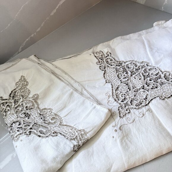 Battenburg Lace Tablecloth and 8 Napkins Linen Off White Beige Trim Vintage - Picture 6 of 16